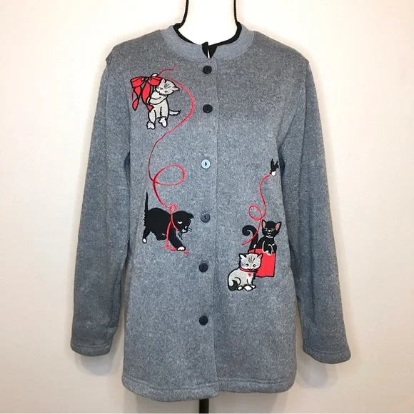 Vintage Holiday Embroidery Kitty Ugly Sweater Christmas Button Festive 90's Y2K - Picture 16 of 16